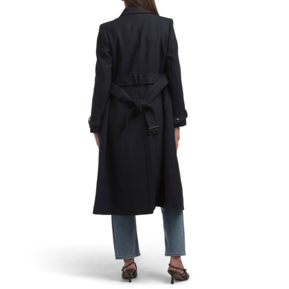 COLE HAAN Navy Wool Blend Double Breasted Faux Wrap Coat - Picture 2 of 2